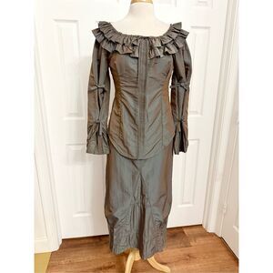 Lauren Vidal Drawstring Tie Ruffle Long Sleeve Midi Blouse Skirt Set Art to Wear